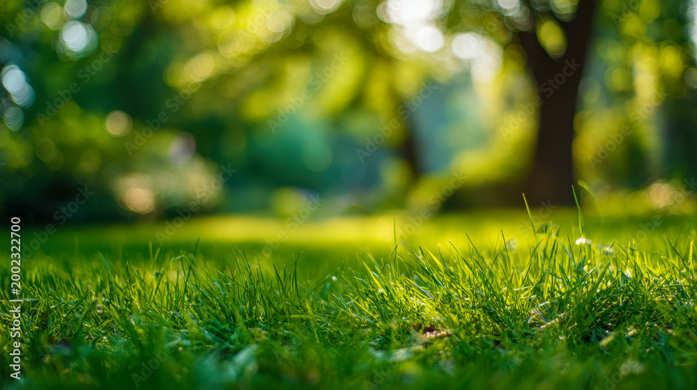 Naklejka premium Fresh green grass in a sunlit park with soft focus trees in the background creating a peaceful and natural outdoor atmosphere during daytime
