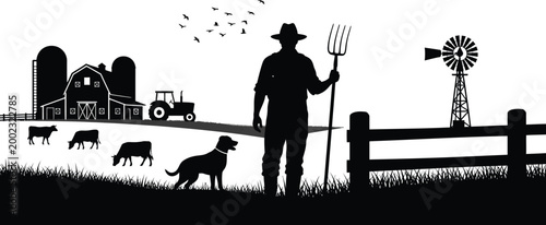 Farm life silhouette a farmer with dog livestock and rural landscape in black and white