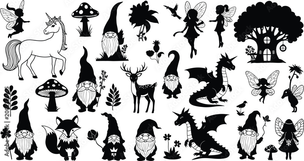 Fototapeta premium Collection of black and white fantasy silhouettes featuring gnomes, fairies, a unicorn, dragons, a deer, a fox, toadstools, and a tree house, isolated on a white background