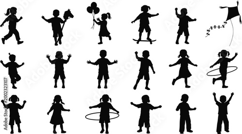 Black silhouettes of children playing, featuring kids running, skateboarding, holding balloons, flying a kite, and using hula hoops, arranged in a grid on a white background