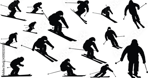Set of black silhouettes of skiers in various downhill positions, including carving, jumping, and racing poses, isolated on a plain white background, for use