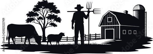 Vintage farm silhouette a black and white depiction of rural life and agriculture