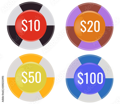 Set of colorful casino poker chips with dollar values.ai