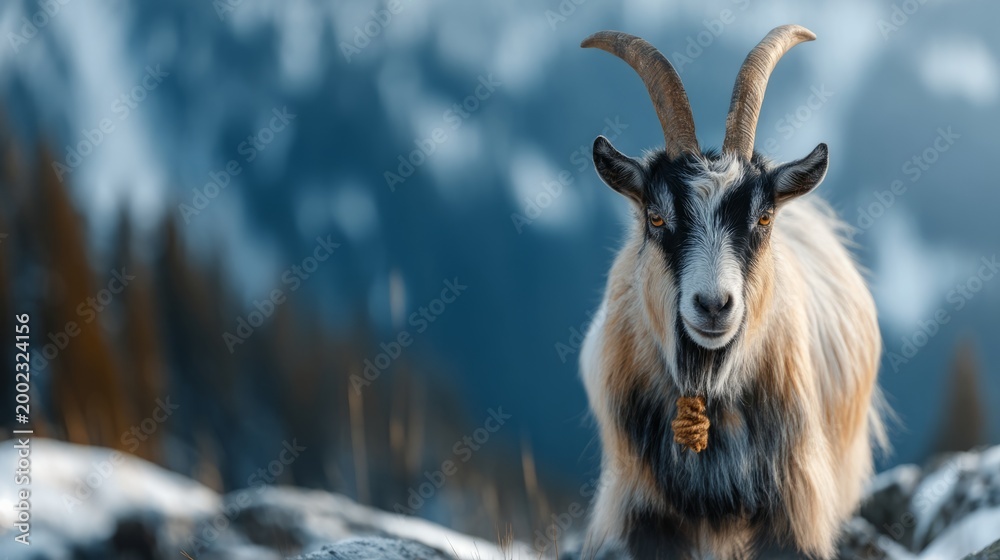 Obraz premium Single Goat Standing on Uneven Snowy Terrain Against a Scenic Background