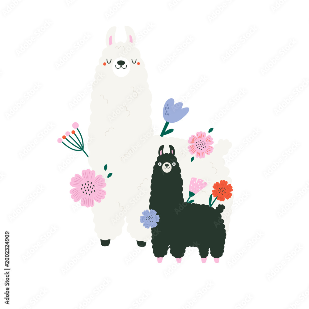 Obraz premium Cartoon llama mother and baby with flowers for nursery poster and greeting card design