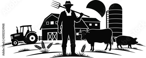 Farm life silhouette a farmer with livestock and barns in a rural landscape