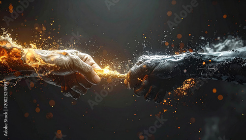 Collision of Elements: A dynamic visual symphony of opposing forces, where fire and ice collide in a gripping display of power and transformation, with hands reaching toward one another. 