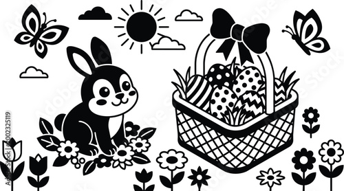 Easter basket with patterned eggs and bunny sitting among spring flowers vector illustration