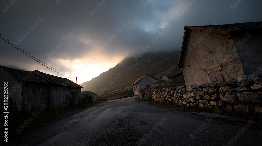 Fototapeta premium Dramatic mountain village road at dusk with dark clouds, stone walls, and old houses illuminated by a soft, warm light