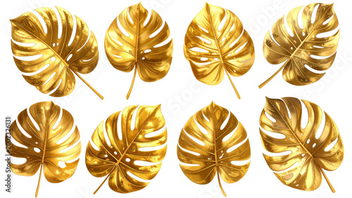 Set of golden tropical monstera leaves isolated on transparent background - Generative AI