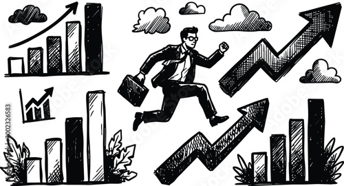 Black and white sketch businessman jumping with briefcase among rising arrows and bar charts