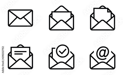 Mail envelope icon in linear style, closed envelope opened letter with checkmark email symbols,