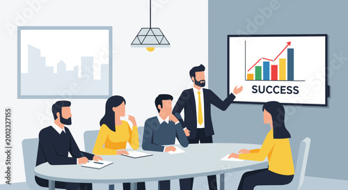 A business team in a meeting discussing success with a graph presentation