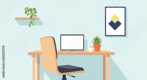 A minimalist vector illustration of a home office workspace with modern furniture