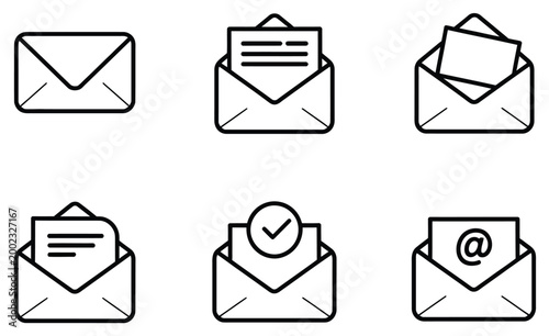 Email envelope icon set in linear outline style, closed and opened letter symbols with checkmark for incoming mail, message notification and communication verification