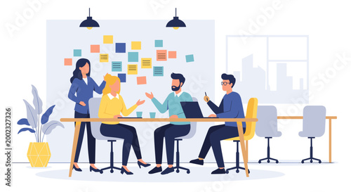 A minimalist vector illustration of four people collaborating in an office setting