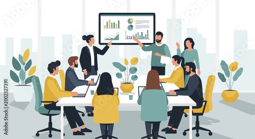A group of business professionals engaged in a meeting in a modern office
