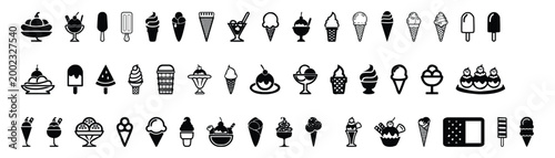 Ice cream dessert icons illustration set, generic cones sundaes popsicles and frozen treats for cafe menu and sweet food design.