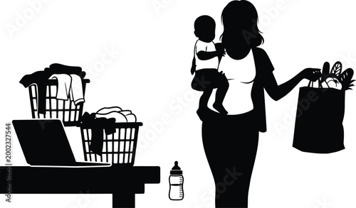 Mother and child silhouette with groceries a moment of daily life and responsibility