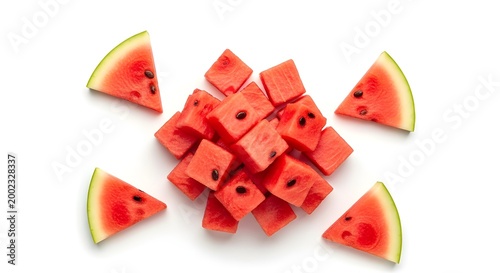 fresh sliced watermelon cubes and wedges on white background minimal summer food concept