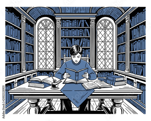 Young Student Reading in a Grand Classic Library Illustration