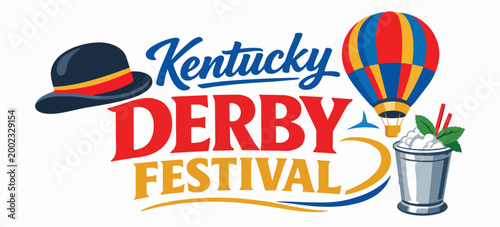 Kentucky Derby Festival logo with elegant hat, colorful hot‑air balloon and frosty mint julep, celebratory design capturing spring racing season, city parades and lively party atmosphere