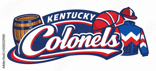 Kentucky Colonels basketball logo with vintage script, wooden barrel, ball and colorful jersey, bold athletic emblem capturing team pride, southern heritage and energetic court action