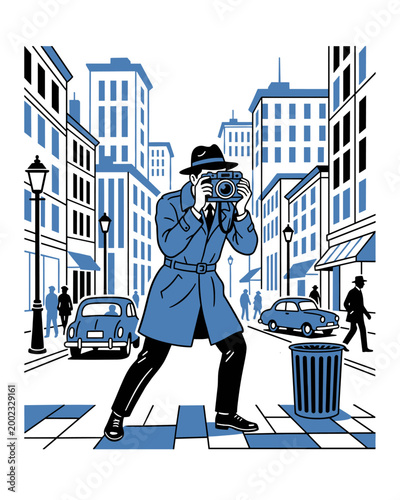 Retro Illustration of a Detective or Photographer Taking a Photo on a Busy City Street