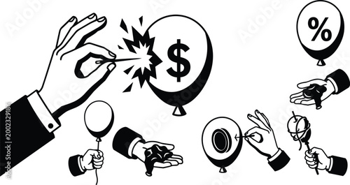 Black and white vector hands popping dollar and percent balloons with dripping melted hand