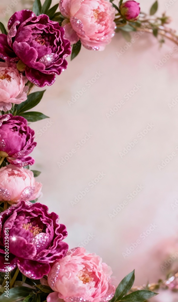 Obraz premium Peony Flower Arrangement with Glitter and Green Leaves