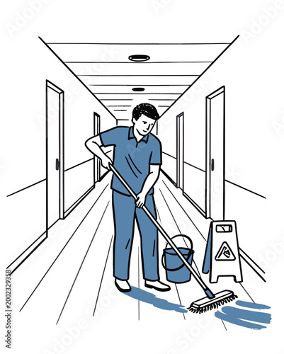 Janitor Cleaning Hallway Floor with Mop and Bucket Illustration