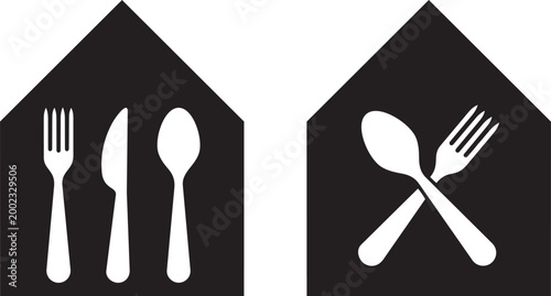 Culinary emblem: Simplistic design featuring utensil icons, perfect for food service industry branding, conveys a sense of culinary elegance and food-related services.