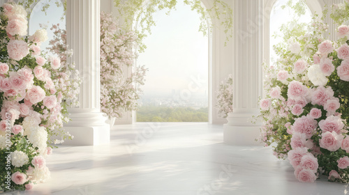 Wedding Interior. Bridal Ceremony Background. Luxury palace interior with a white marble columns, arches, floral decor and arrangements of pink roses