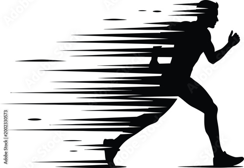 Dynamic running silhouette a speeding figure dissolving into streaks of motion and energy