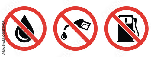 Fuel prohibition icon collection, no petrol station no diesel gasoline restriction symbols