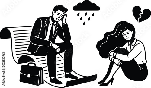 Black and white vector sad businessman on bench and woman sitting with broken heart