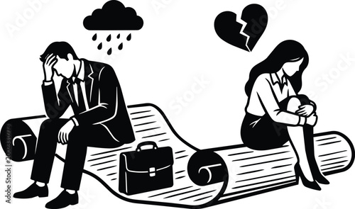 Black and white vector art man in suit and woman sitting on rolled contract under broken heart