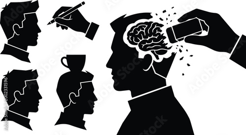 Black silhouette head with brain being erased by eraser vector art showing memory loss