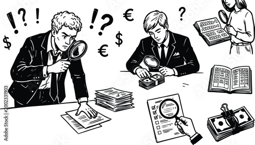 Black and white line art auditors examining money documents with magnifying glass