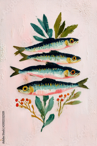 Sardine fish illustration with four painted fish and leaves