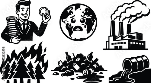 Environmental icon set showing crying earth factory pollution and forest fire in black and white vector art