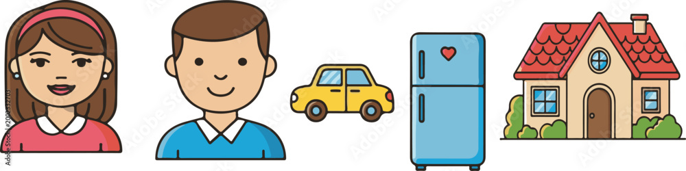 Naklejka premium Cartoon illustration of people a car a refrigerator and a house