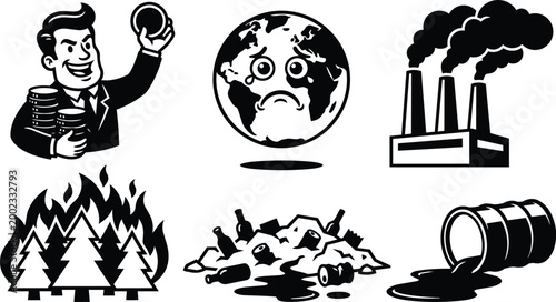 Black and white icons greedy businessman crying earth factory smoke forest fire oil spill vector art