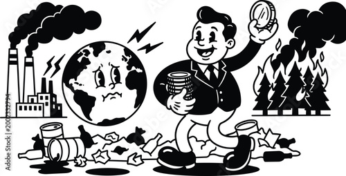 Black and white retro businessman holding coins walking over trash past crying earth smog factory and forest fire