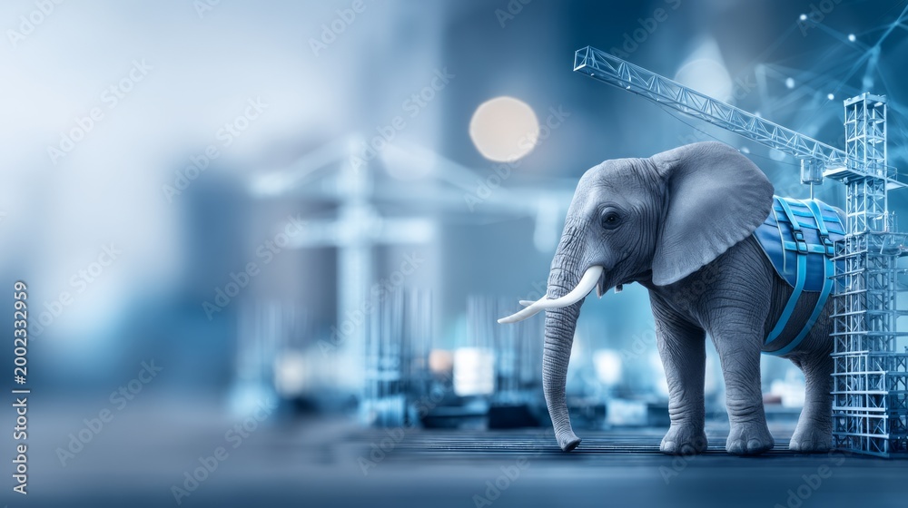 Fototapeta premium Elephant Wearing Construction Vest Standing on Worksite with Cranes in Background