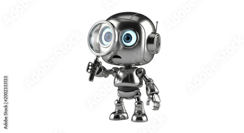 Cute robot holding magnifying glass