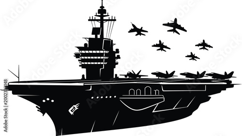 Naval power projection aircraft carrier silhouette with fighter jets in flight