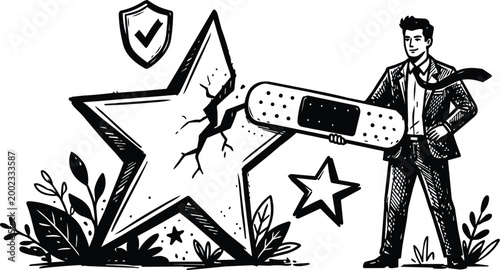 Black and white line art businessman fixing cracked star with giant bandage patch