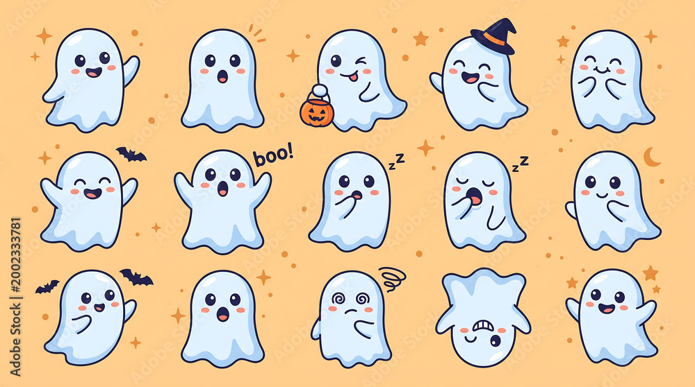 Fototapeta premium Collection of Cute Kawaii Ghosts with Different Emotions and Actions ai generated