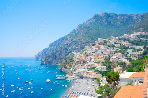 summer Thyrenian sea and beach of Positano resort from above - famous old italian resort, Italy